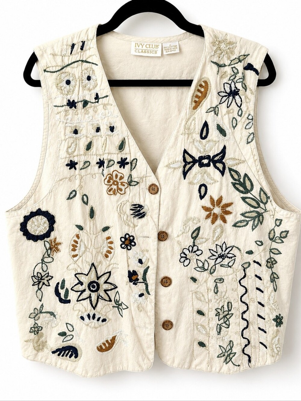Boho, Cottagecore Vest. S.Large Embroidered Cotton Vest Beige Boho Floral Button